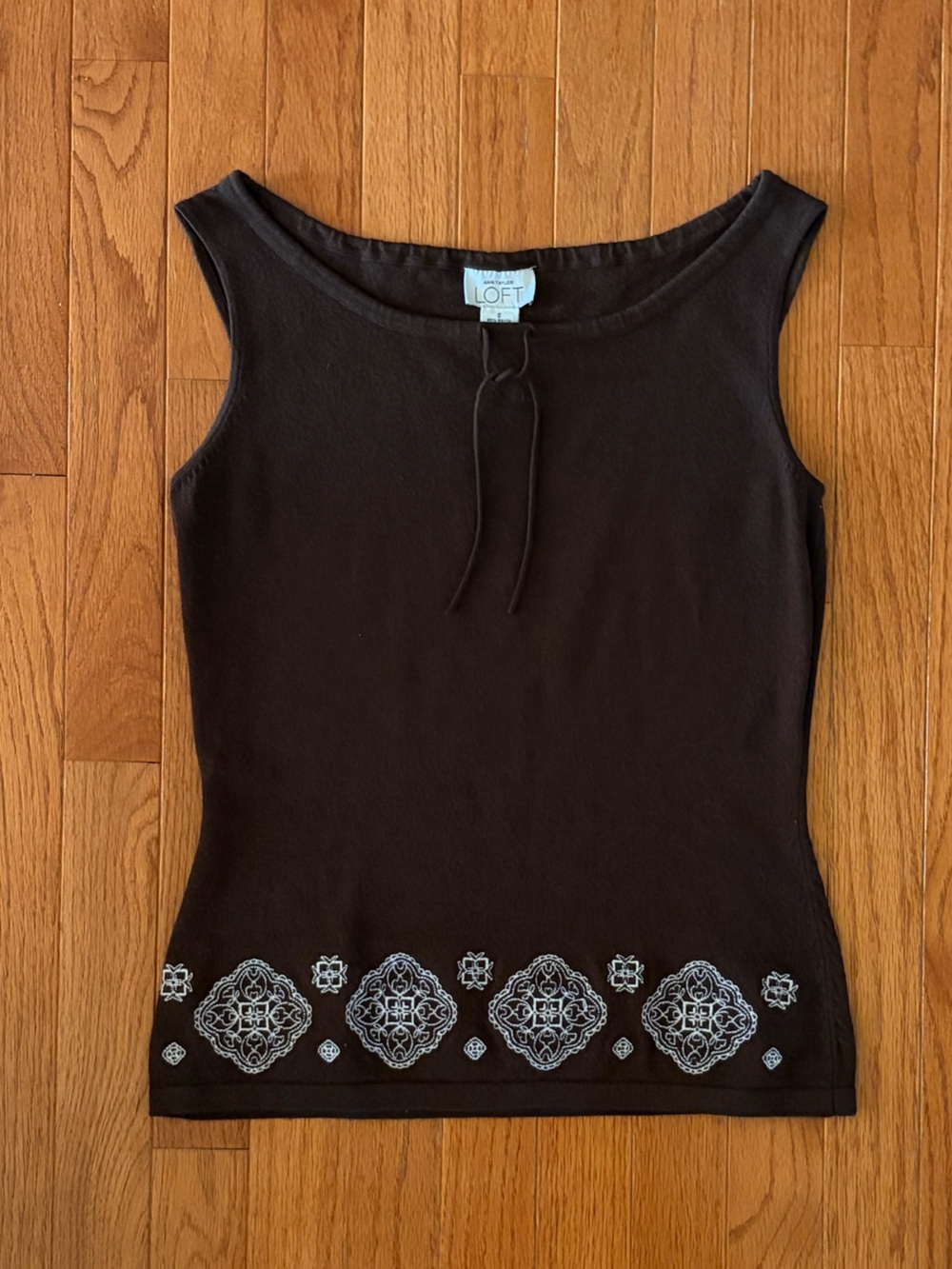 LOFT Brown Tank with White Embroidered Hem